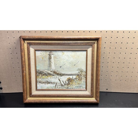 Vintage Lighthouse Oil Painting Signed Serone Framed Seascape Made in Mexico - Picture 1 of 6